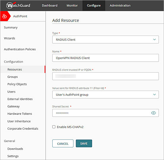 Screenshot of WGC, RADIUS Client 1